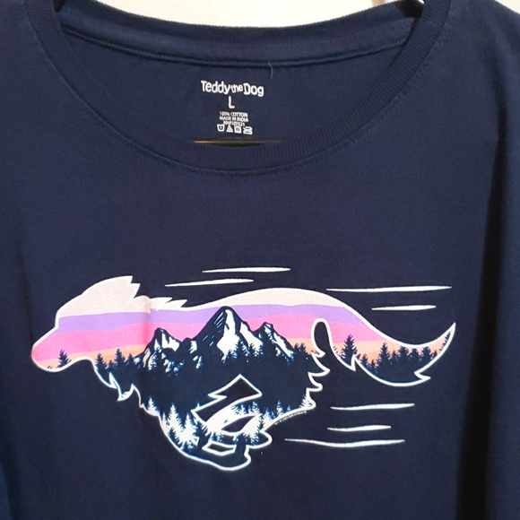 TEDDY THE DOG Running Dog Mountains LS Tee Size Large in Navy Good Condition - Picture 2 of 7
